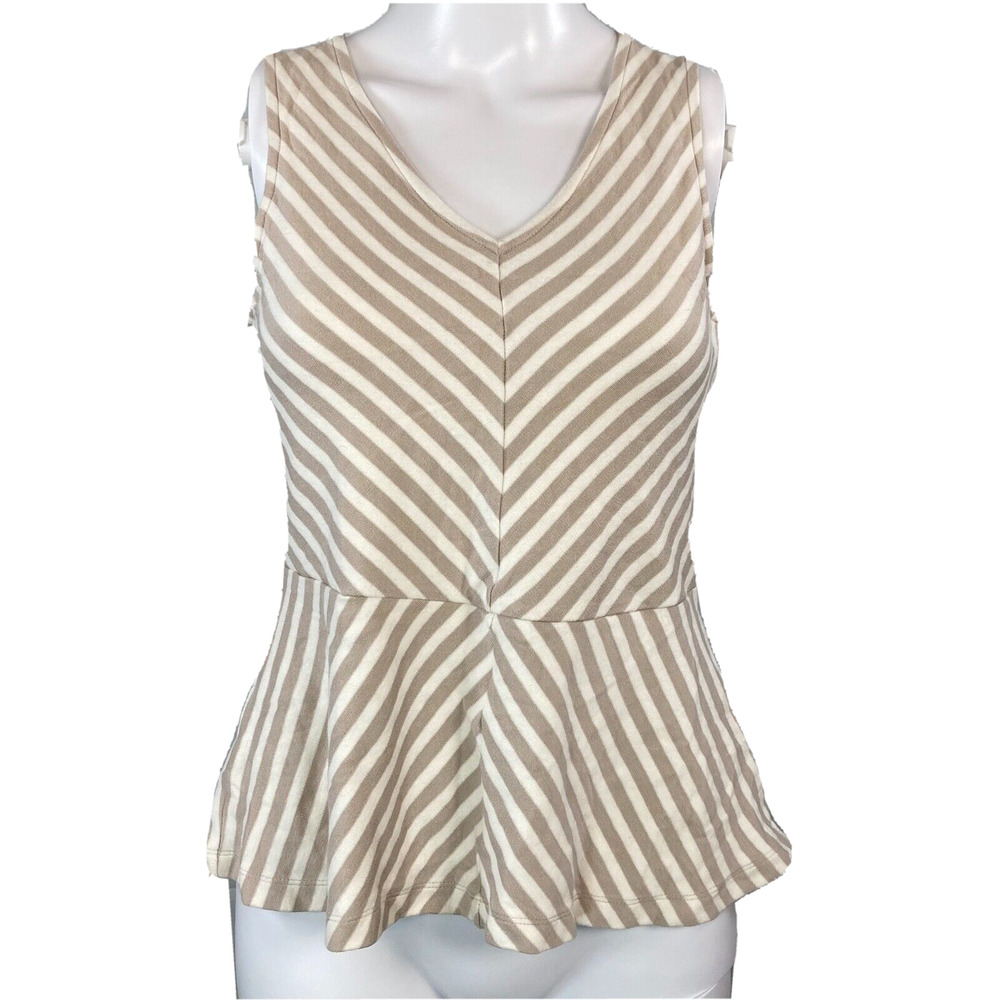 Banana Republic Shirt Womens 6 Brown Beige White Striped Sleeveless Peplum Tank